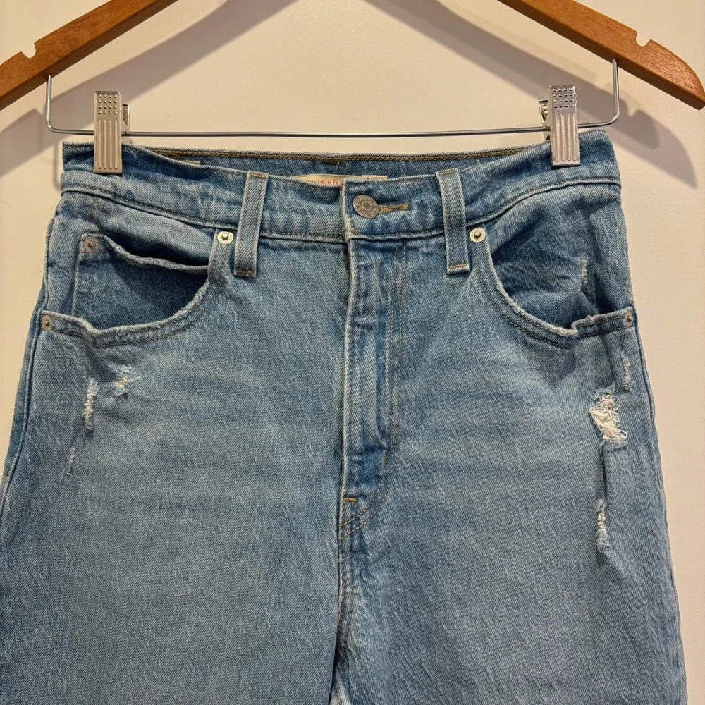 Levi's 70s High Flare Denim Jeans Light Wash Distressed Raw Hem Size‎ 26